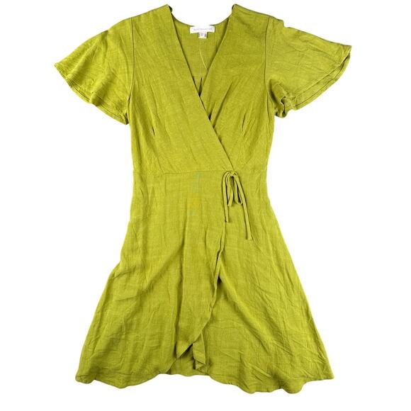 Monteau Los Angeles Faux Wrap Dress Linen Blend Flutter Sleeve Elastic Waist M - Picture 2 of 5